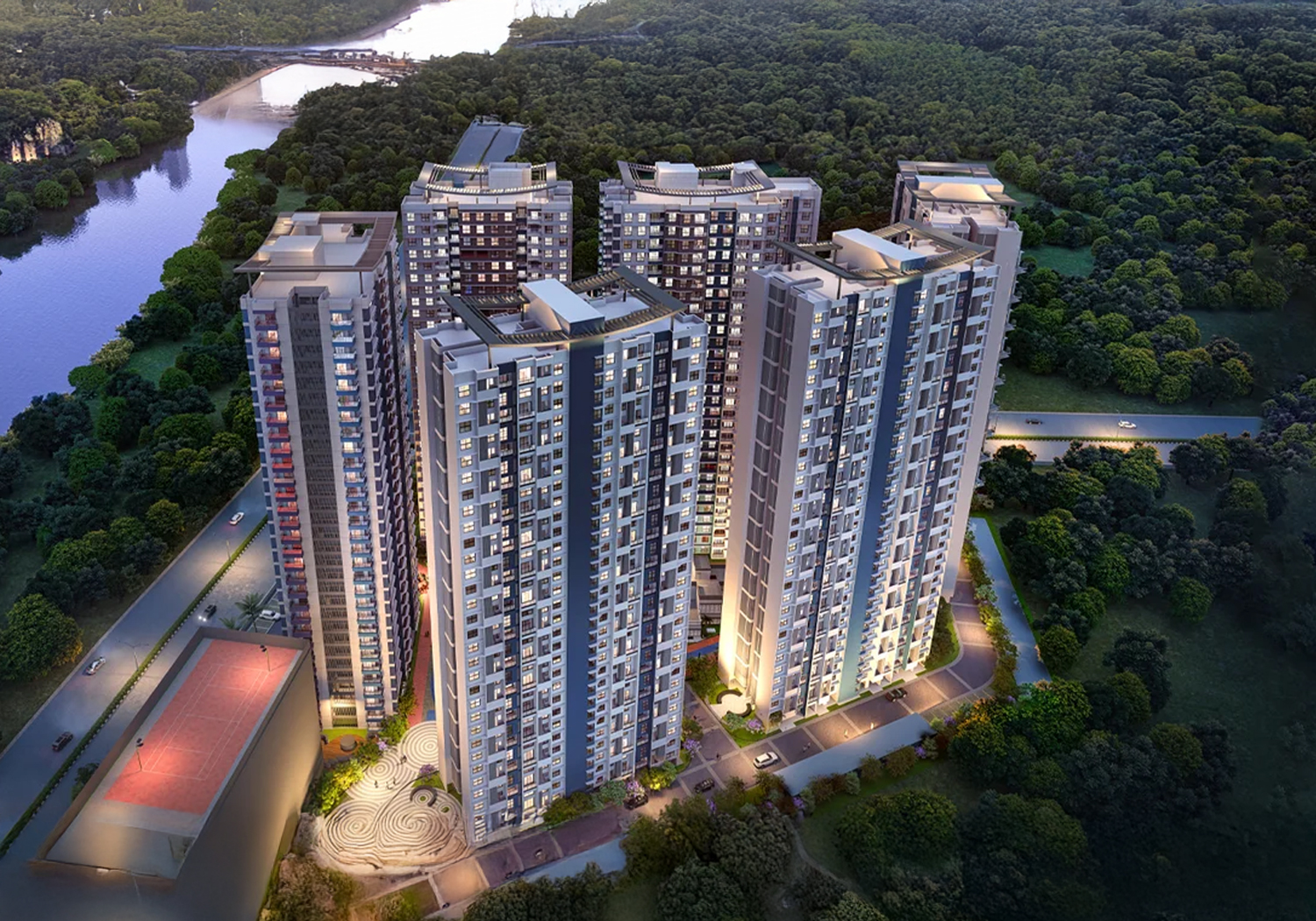 Exterior view of Gera Joy on Tree Tops &mdash; photo gallery, images, brochure, amenities, cost sheet, price breakup, availability details, RERA number, RERA certificate, possession date, layout plan, logo, floor plan, master plan, and location map showcasing project highlights and features.